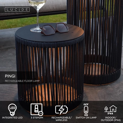 Lucide PINGI - Rechargeable Floor lamp Indoor/Outdoor - Battery pack - Ø 33,5 cm- LED 3 StepDim - 1x3W 3000K - IP44 - Black - USP